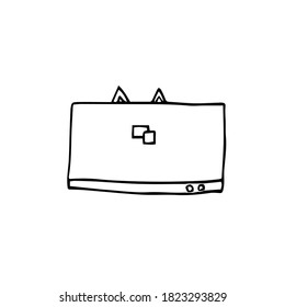 Vector sketch illustration. the laptop cover is open. The cat's ears stick out from behind the laptop