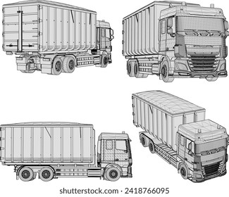 Vector sketch illustration of large container trailer truck design for industry