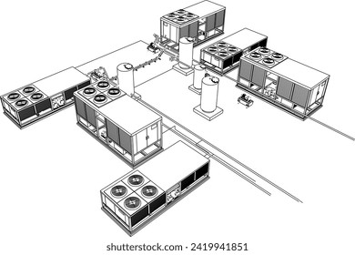 Vektorgrafik-Illustration der großen Fabrikkühlermaschinenkonstruktion