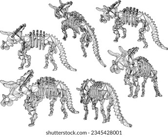 Vector sketch illustration of a lego toy fossil skeleton of a prehistoric giant carnivorous dinosaur