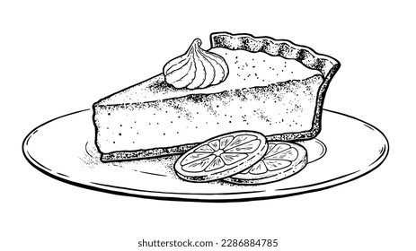 Vector sketch illustration of Lemon Tart on plate. Vintage style drawing.