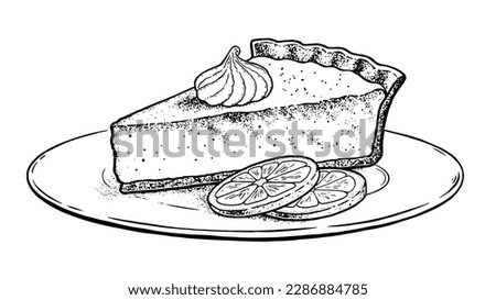 Vector sketch illustration of Lemon Tart on plate. Vintage style drawing.