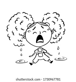 Vector sketch illustration of a little charming girl with big curls. A crying baby sits on the floor with puddles of tears.
