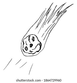 Vector, sketch illustration of meteorite flying and burning. Motives of astronomy, space research, cosmos flights, dangerous and apocalypse. Image for printing and coloring book