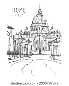 Vector sketch illustration of Metropolitan City of Rome, Italy. Sketchy line art drawing with a pen on paper. Urban sketch in black color on white background. Freehand drawing. Liner sketches of Rome.