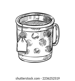 ilustración de boceto vectorial - taza con bolso de té. Enorme ilustración de esquema de bebida