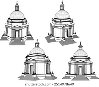 Vetor esboço ilustração do antigo clássico vintage european templo sagrado projeto de construção arquitetônica com cúpula