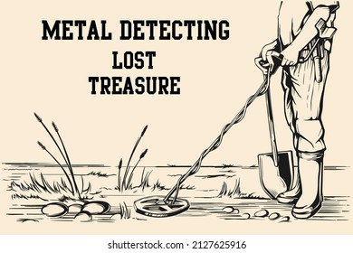 Vector sketch illustration on beige background metal detectors, hobby, treasure hunt, survival, camping, adventure, archaeology. Digger.