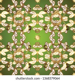 Vector sketch. Illustration on green, white and brown colors. Seamless Oriental vector cute pattern with arabesques and floral elements. Vintage pattern with arabesques. Traditional classic ornament.