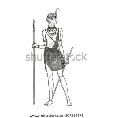 Vector sketch illustration on a white background. Armed with a spear warrior of the Masai tribe in traditional national clothes and jewelry. Indigenous African people living in Kenya and Tanzania
