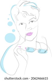 vector sketch illustration in one line on a white background portrait of a woman holding classic glasses in her hand