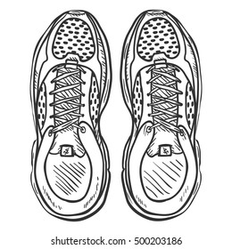 Vector Sketch Illustration - Pair Of Running Shoes. Top View