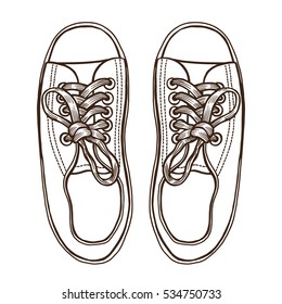 Vector Sketch Illustration, Pair of Skaters Shoes. Top View.