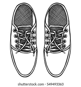 Vector Sketch Illustration, Pair of Skaters Shoes. Top View.