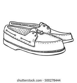 Vector Sketch Illustration - Pair of Topsider Men Shoes on White Background