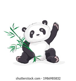 Dibujo vectorial ilustración de un oso panda saludando y sosteniendo hojas de bambú