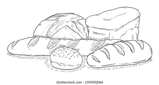 Vector Sketch Illustration - Pile of Bread Items on White Background