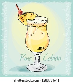 vector sketch illustration of Pina colada cocktail