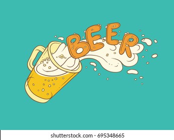 Vector sketch illustration pint of beer. Bubbles and foam pouring from mug. Drink ale in glassware. Letters form the inscription and splashing in alcoholic beverage. The symbol for the banner or logo.