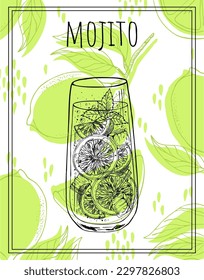 Vector sketch illustration for posters, menu, decoration, logo, wall art print. Hand drawn sketch of Mojito alcoholic cocktail, recipe. 