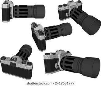 Vector sketch illustration of professional camera design with zoom mode and long lens