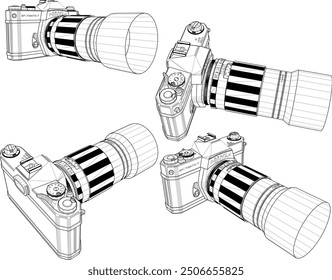 Vector sketch illustration of professional camera design with manual lens