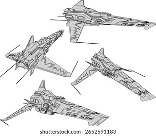 Ilustración del boceto de Vector del diseño del prototipo del avión de combate futuro moderno con armas avanzadas y modelo futurista