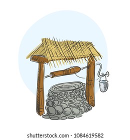 Vector sketch illustration of rare building of wood and stone on a white background / old rustic well for water extraction