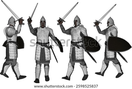 vector sketch illustration of royal soldier design with sword and shield weapon wearing iron armor 