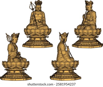 Vector sketch illustration of a sacred buddha statue decoration design meditating on a lotus flower