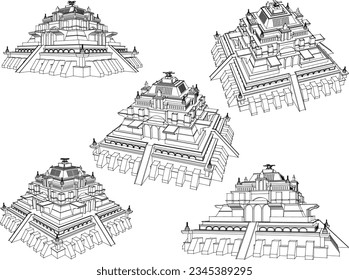 Dibujo vectorial ilustración de la construcción de templos sagrados ofrecidos a dioses y diosas