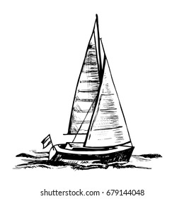 Vector sketch illustration.  Sailing boat. Sea yacht floats on the surface of the water.