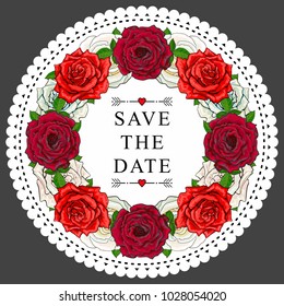 Vector sketch illustration save the date circle frame template. Red rose flower with closed opened blossom leaves pattern. Floral natural decoration background, backdrop element fabric textile design