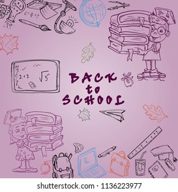 vector sketch illustration school, design of school subjects a globe, backpack, ruler, books, pencils, items, print-ready layouts training-related background is isolated