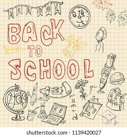 vector sketch illustration school, design of school subjects with eyes, globe, backpack, ruler, books, pencils, items, print-ready layouts training-related background is isolated