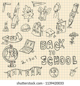 vector sketch illustration school, design of school subjects with eyes, globe, backpack, ruler, books, pencils, items, print-ready layouts training-related background is isolated