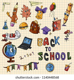 vector sketch illustration school, design of school subjects with eyes, globe, backpack, ruler, books, pencils, items, print-ready layouts training-related background is isolated
