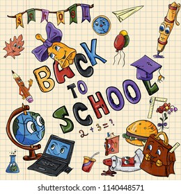 vector sketch illustration school, design of school subjects with eyes, globe, backpack, ruler, books, pencils, items, print-ready layouts training-related background is isolated