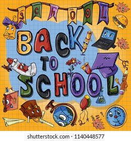vector sketch illustration school, design of school subjects with eyes, globe, backpack, ruler, books, pencils, items, print-ready layouts training-related background is isolated