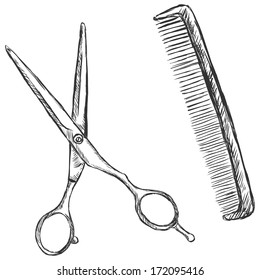 vector sketch illustration - scissors and comb