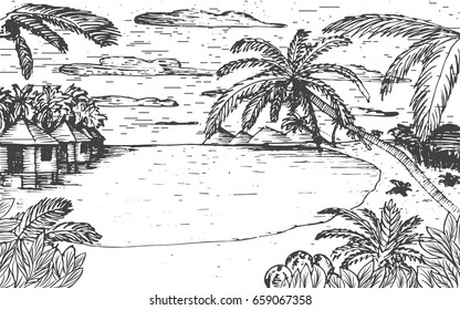 Vector sketch illustration with Sea beach, palms and bungalows .