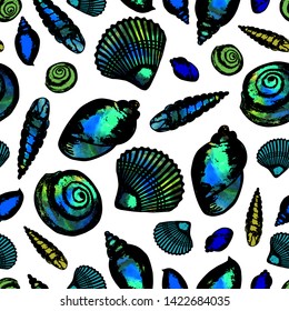 vector sketch illustration - seashells. seamless pattern. watercolor stains