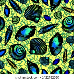 vector sketch illustration - seashells. seamless pattern. watercolor stains