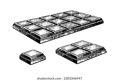 Vector sketch illustration set of Chocolate bar with pieces. Vintage style drawing.