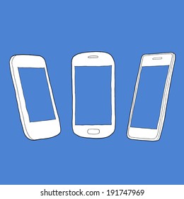 Vector sketch Illustration of a set of outline mobile phones - front and angled side view