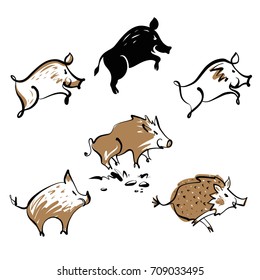 Vector sketch illustration. Set of wild boar image isolated on white background.