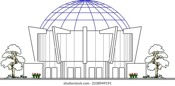 Vector sketch illustration silhouette architectural design exterior facade of stargazing observatory building