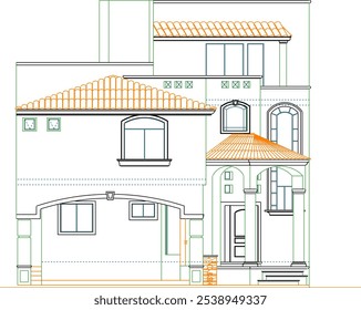 Vector sketch illustration of the silhouette of the architectural design of a house building in the desert in vintage style