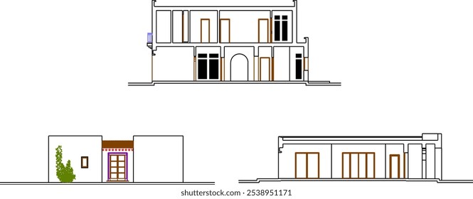 Vector sketch illustration of the silhouette of the architectural design of a house building in the desert in vintage style