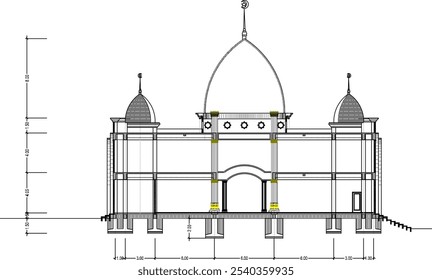 Vector sketch illustration of the silhouette of an architectural drawing of a simple mosque exterior section